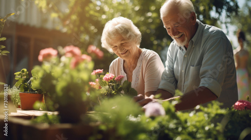 Gardening joy: seniors tending to plants, sharing tips and smiles in the sunlight