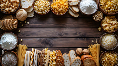 Top view of various pasta, bread, snacks and flour on wooden background