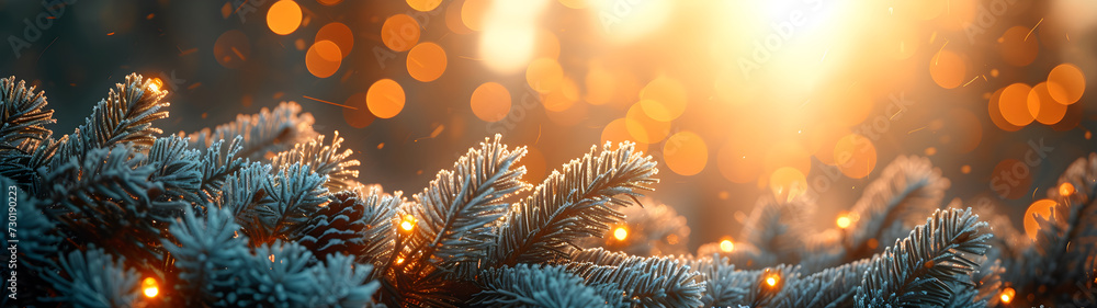 Beautiful Green Blue Fir Tree Branches Background With Bokeh Copy Space. Winter Background And Christmas Tree Beautiful Green Blue Fir Tree Branches Background With Bokeh Copy Space. Winter Background And Christmas Tree