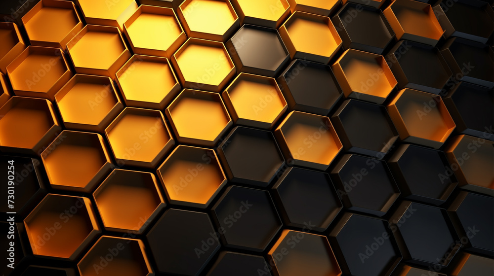 Hexagonal abstract wallpaper in dark gray and amber hues with metallic rotation and industrial themes. Hexagonal abstract wallpaper in dark gray and amber hues with metallic rotation and industrial themes.