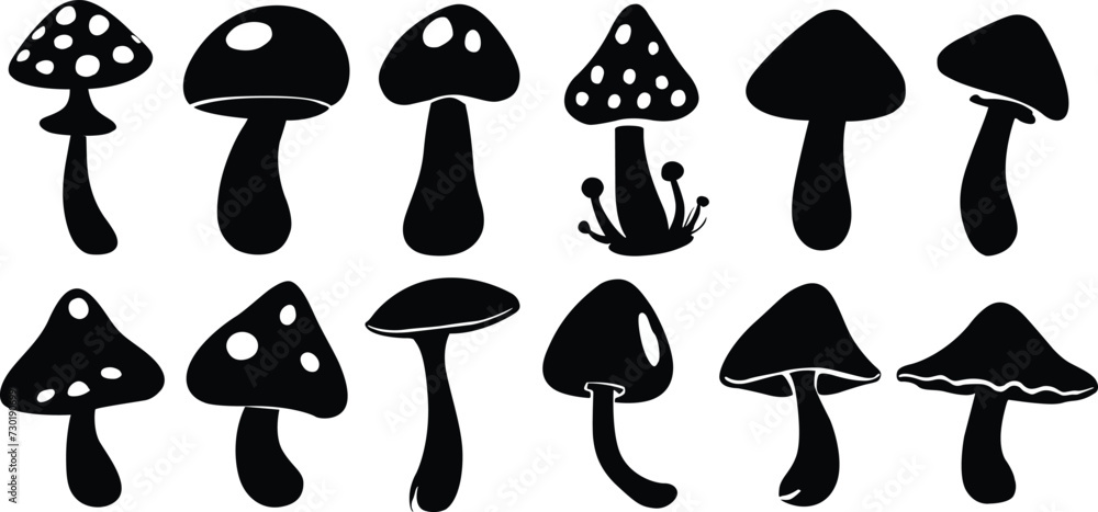 Mushroom silhouettes set. Black and white mushrooms clipart. Vector illustration Mushroom silhouettes set. Black and white mushrooms clipart. Vector illustration