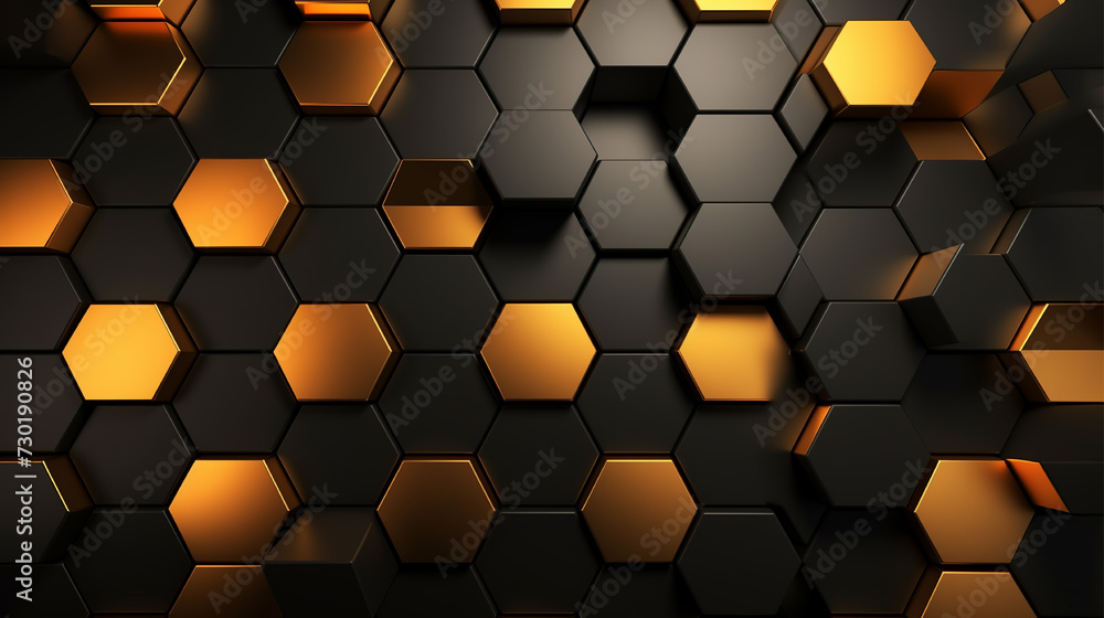 Hexagonal abstract wallpaper in dark gray and amber hues with metallic rotation and industrial themes. Hexagonal abstract wallpaper in dark gray and amber hues with metallic rotation and industrial themes.