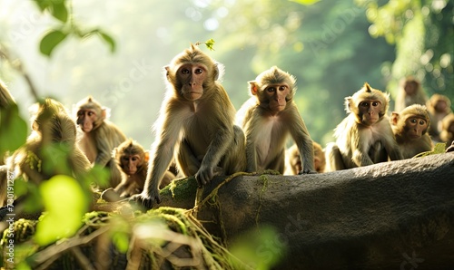 Group of Monkeys Sitting on Rock photo