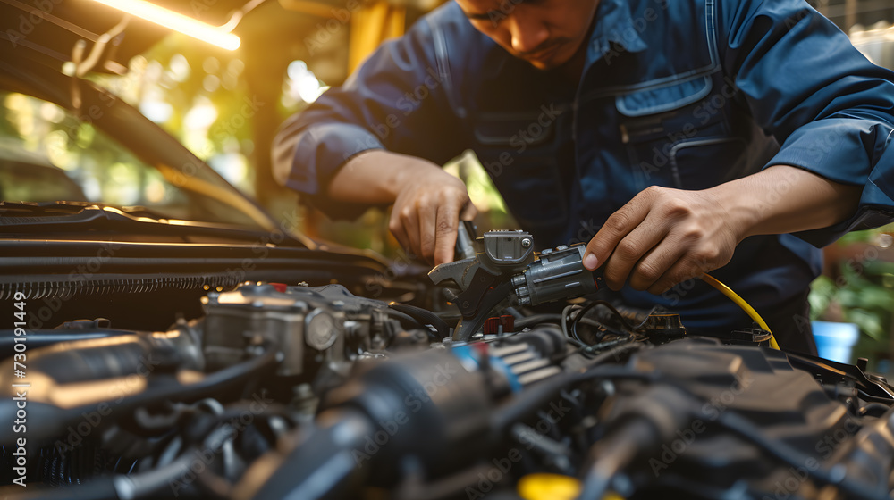 Close up of hands of mechanic working to repair car engine in garage. Mechanic checks car engines. Generative Ai. Close up of hands of mechanic working to repair car engine in garage. Mechanic checks car engines. Generative Ai.