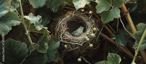 Foto Lesser Whitethroat's nest in gooseberry bush.