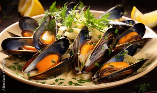 Plate of Steamed Mussels on a Table