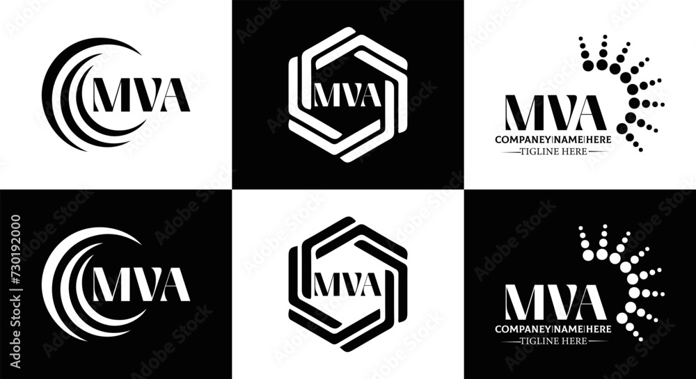 MVA logo. MVA set , M V A design. White MVA letter. MVA, M V A letter logo design. Initial letter MVA letter logo set, linked circle uppercase monogram logo. M V A letter logo vector design.	
