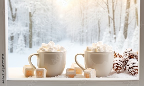 Two Mugs of Hot Chocolate With Marshmallows on Window Sill