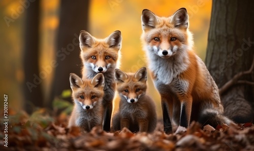 Group of Foxes Standing Together in Forest