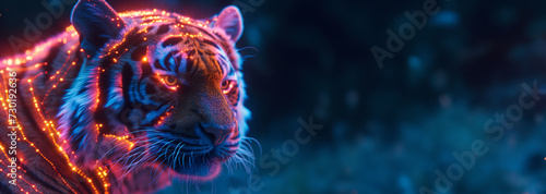 Futuristic tiger banner. Energized tiger. Electrified tiger. Banner. Animal banner. Digital tiger. Sci-fi banner. Cybersecurity animal.