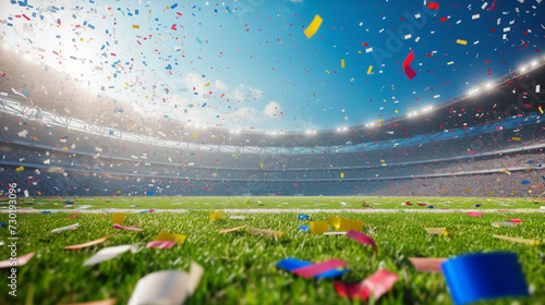 Football stadium background with flying confetti © Mkorobsky
