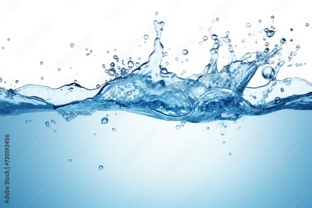 clean blue water surface with splash, ripple and air bubbles underwater on white background clean blue water surface with splash, ripple and air bubbles underwater on white background