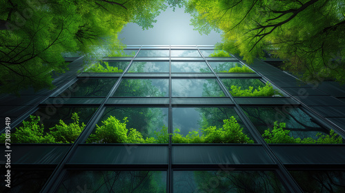 Environmentally friendly buildings in modern cities Sustainable glass office building with trees reduces heat and carbon dioxide. Office building with green environment