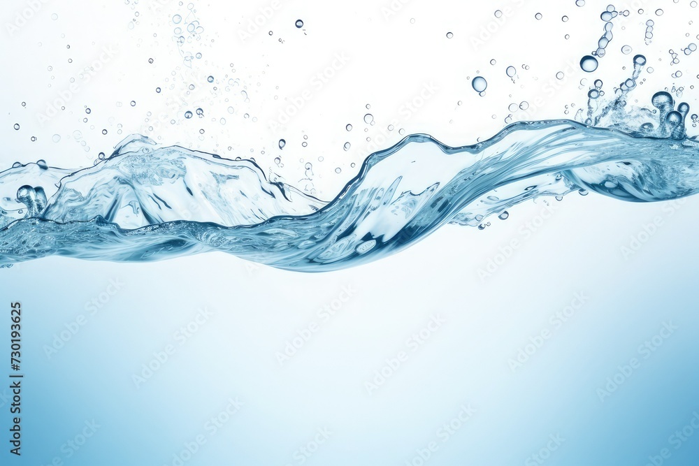 clean blue water surface with splash, ripple and air bubbles underwater on white background clean blue water surface with splash, ripple and air bubbles underwater on white background