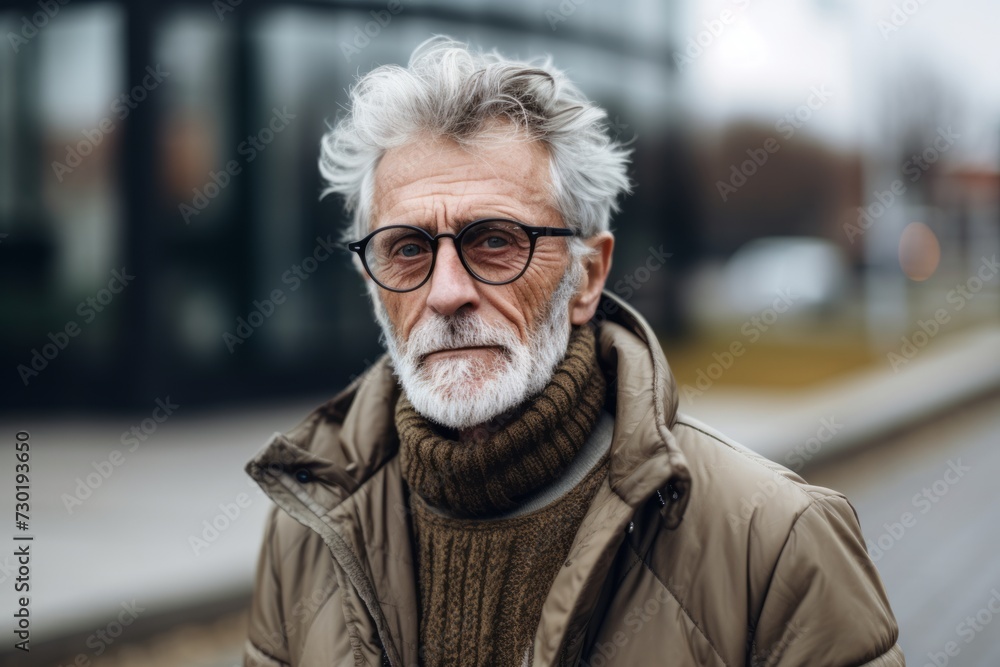 Portrait of senior man with eyeglasses in the city.