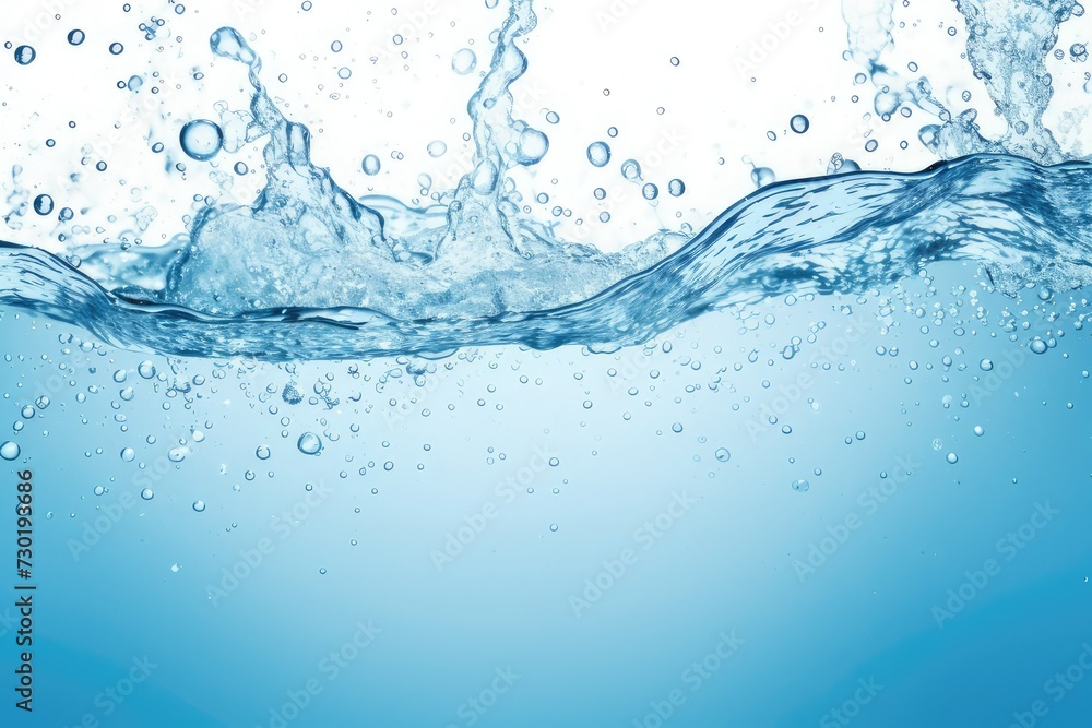 clean blue water surface with splash, ripple and air bubbles underwater on white background clean blue water surface with splash, ripple and air bubbles underwater on white background