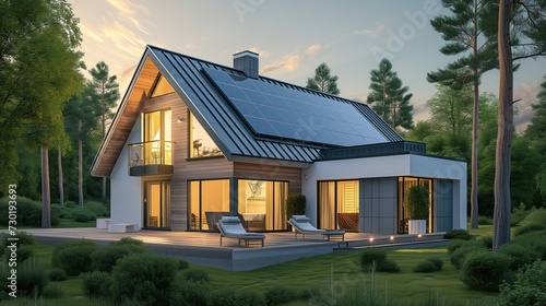 Eco friendly passive house with light inside and solar panels and terrace in summer with photovoltaic system on the roof against forest landscape © Wendy2001