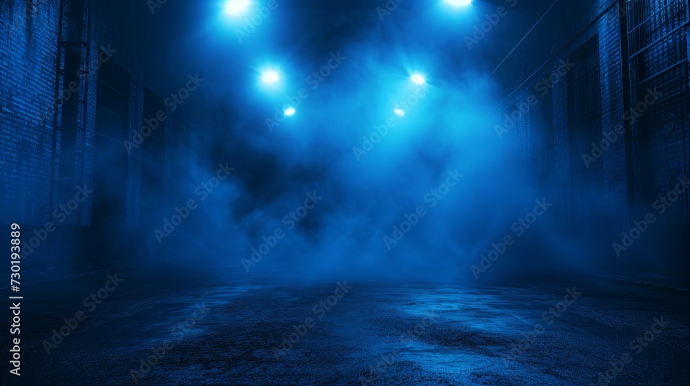 Dark empty scene, blue neon searchlight light, wet asphalt, smoke, night view, rays.