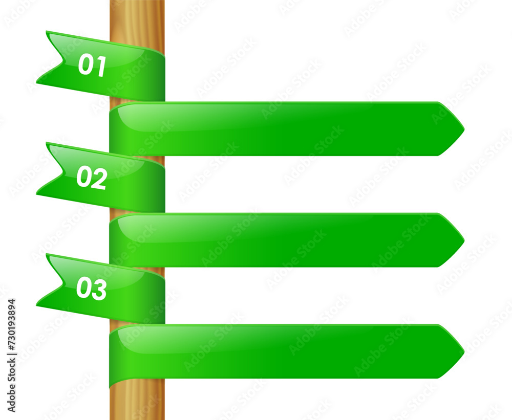 Modern banner with ribbon labels with numbers. Abstract template for web design, infographic or presentation with green tags on wooden pole, vector illustration Modern banner with ribbon labels with numbers. Abstract template for web design, infographic or presentation with green tags on wooden pole, vector illustration