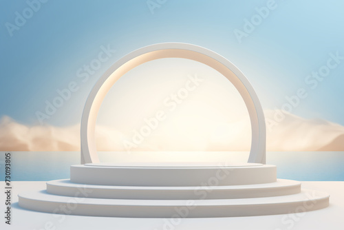 White round podium on blue sky background. Mockup,