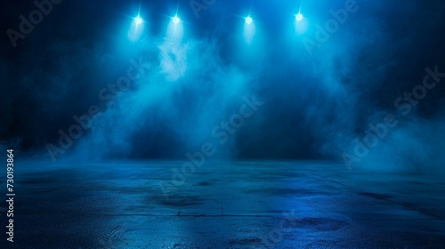 Dark empty scene  blue neon searchlight light  wet asphalt  smoke  night view  rays.