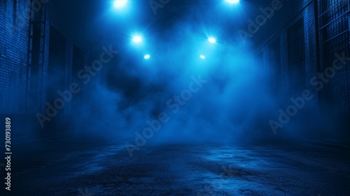 Dark empty scene, blue neon searchlight light, wet asphalt, smoke, night view, rays. © YuDwi Studio
