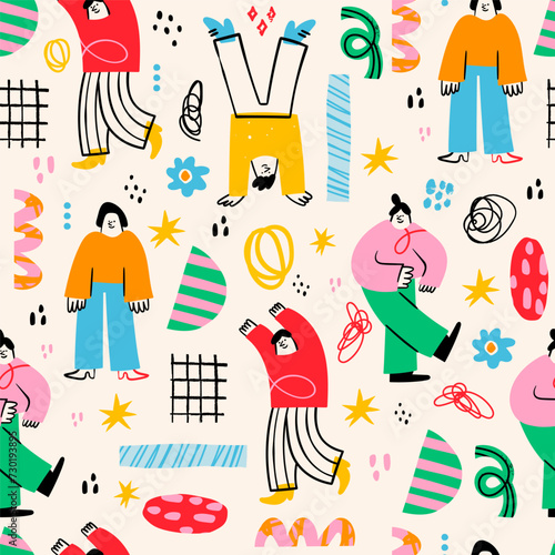 Various abstract People and doodle objects. Young men and women standing together in colorful clothing. Cartoon style characters. Hand drawn trendy Vector illustration. Square seamless Pattern © Dariia