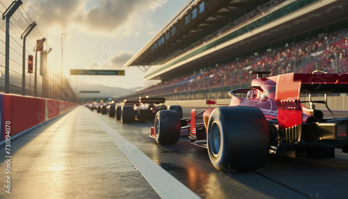 Formula 1 racing cars lined up on the race track waiting for the start, back view © Alexey Kuznetsov