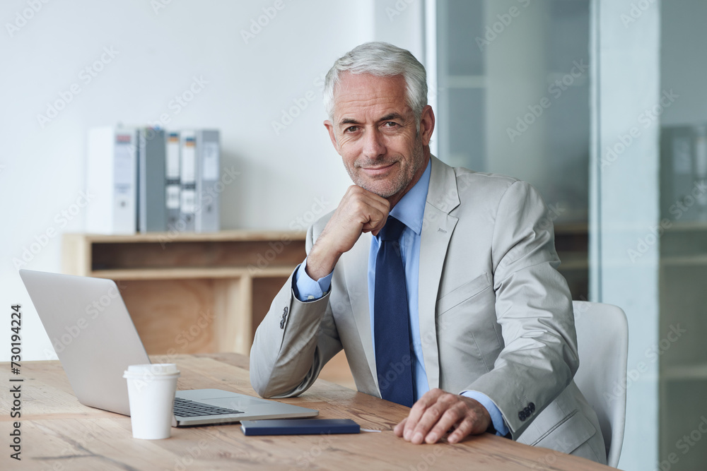 Portrait, ceo and businessman working on laptop, plan and office for stakeholder budget account. Senior, manager and indoors for company, diary and drinking coffee at desk preparing for meeting Portrait, ceo and businessman working on laptop, plan and office for stakeholder budget account. Senior, manager and indoors for company, diary and drinking coffee at desk preparing for meeting