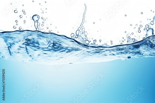 clean blue water surface with splash, ripple and air bubbles underwater on white background