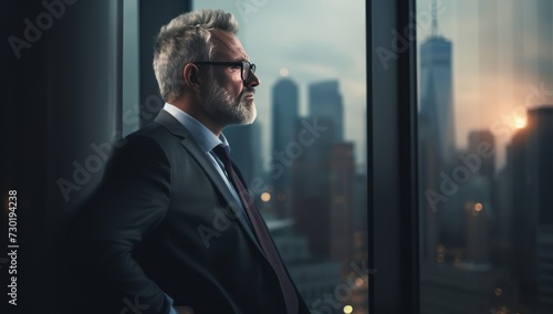 Older Business man looking out the window as he looks at someone in city. Portrait of a happy casual businessman at office