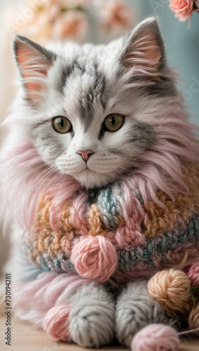 a beautiful kitten in a knitted vest surrounded by knitted items in pastel colors. Selective focus. Free space for text. © Sahaidachnyi Roman