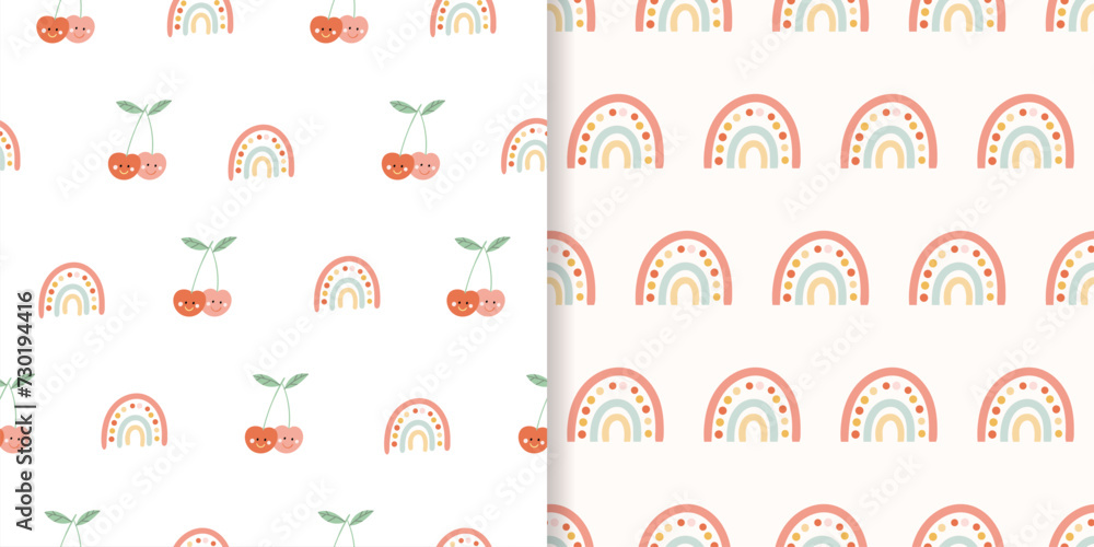 Childish seamless patterns set with cherries and rainbows, decorative wallpaper, kids ornamental backgrounds