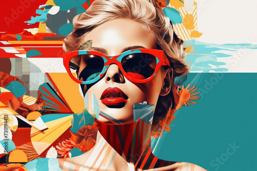 Portrait of a beautiful young woman with blonde hair in stylish sunglasses.