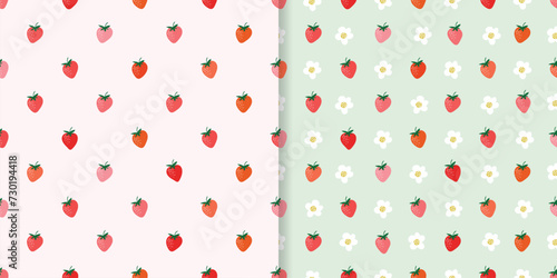 Strawberry seamless patterns set, fruits wallpaper, simple background design, vector