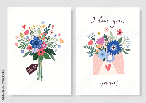 I love you Mom greeting cards set for Mother's Day, invitation, flyer with floral bouquets, festive design