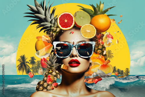 Portrait of a beautiful young woman in sunglasses with fruits. Contemporary art collage. Summer vacation concept