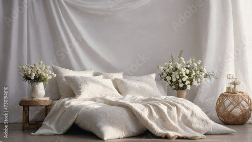 voluminous white pillows and a blanket