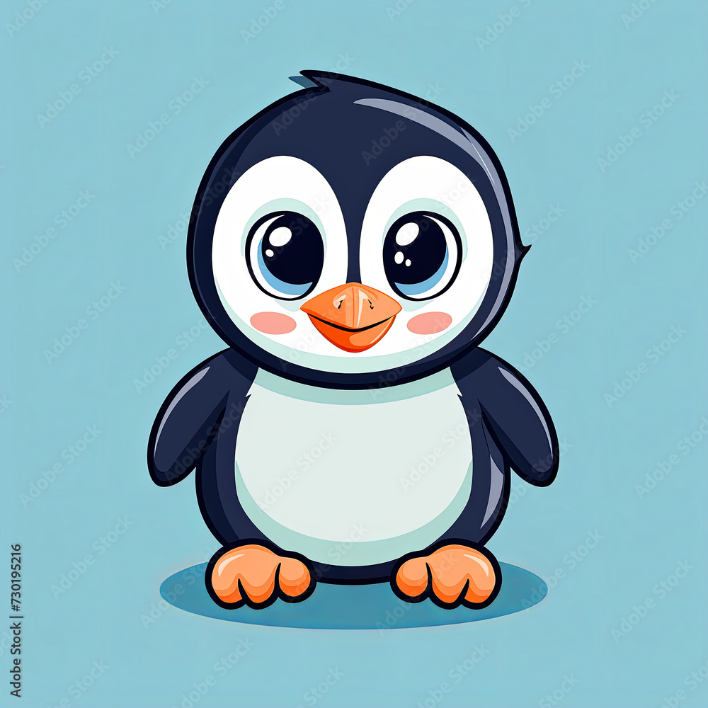 Cute penguin illustration on flat background color. 