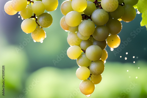 Fresh green grapes with raindrops. Natural fruits, Tasty and healthy organic food. Playground AI platform.