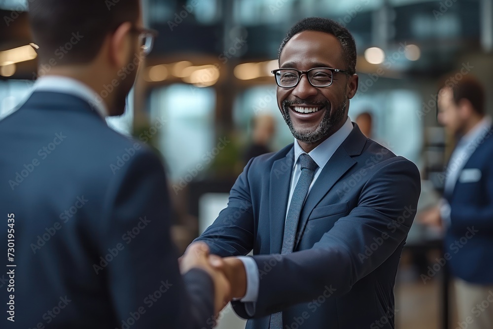 Businessman, handshake and smile for partnership, b2b or trust in promotion, deal or agreement at office. African American male manager shaking hands with employee for welcome, thank you or greeting Businessman, handshake and smile for partnership, b2b or trust in promotion, deal or agreement at office. African American male manager shaking hands with employee for welcome, thank you or greeting
