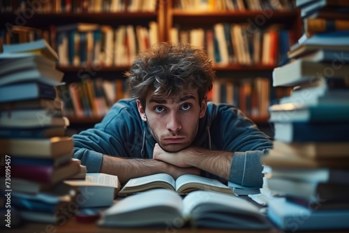 student man have anxiety because of exams, male prepare for test and learning lessons in the library.
