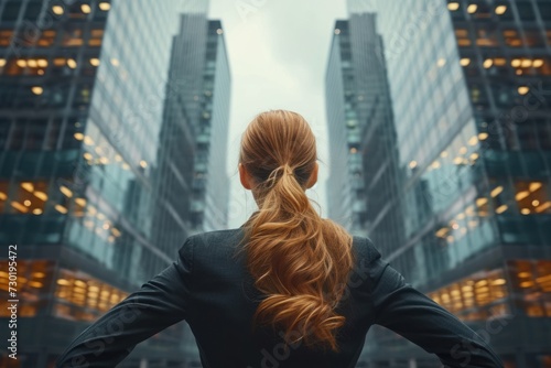 A back view of business woman standing in front of a tall skyscraper building in a city