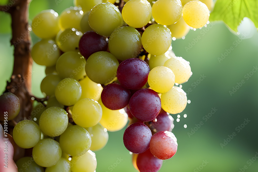 Fresh red and green grapes with raindrops. Natural fruits, Tasty and healthy organic food. Playground AI platform.