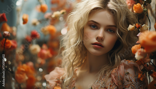 A beautiful young woman with blond hair and elegance in nature generated by AI