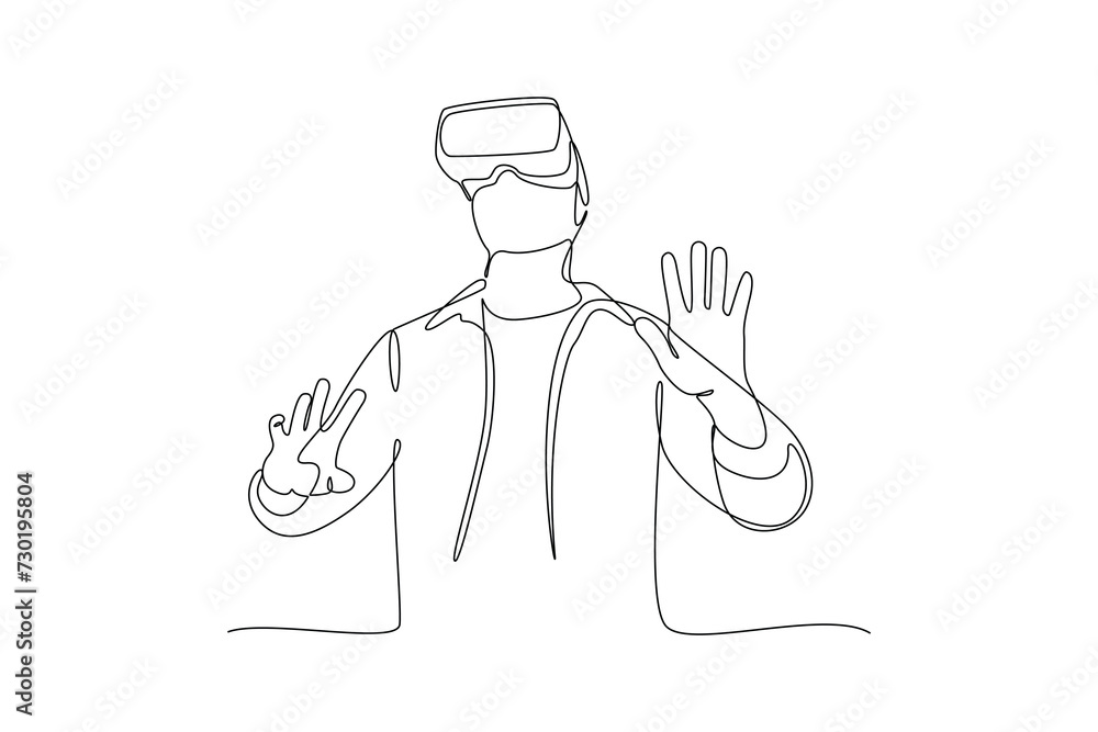 Single continuous line drawing of man trying futuristic technology with vr. Virtual reality game player concept one line draw design vector illustration Single continuous line drawing of man trying futuristic technology with vr. Virtual reality game player concept one line draw design vector illustration