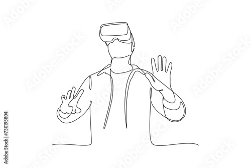 Single continuous line drawing of man trying futuristic technology with vr. Virtual reality game player concept one line draw design vector illustration