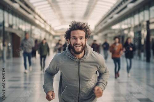 happy man running on the background of a crowd of people
