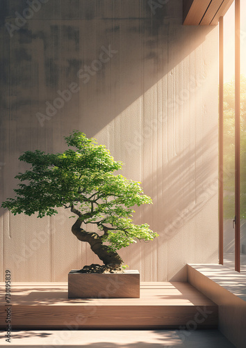 Beautiful curved bonsai green tree on the windowsill litted with new day sunrise sunrays image. Japanese art of growing and shaping miniature trees in jar and pots. Beauty in Nature concept photo.