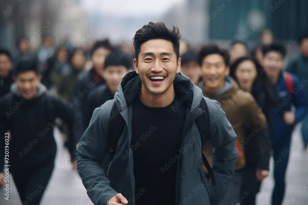 happy asian man running on the background of a crowd of people - obrazy, fototapety, plakaty 